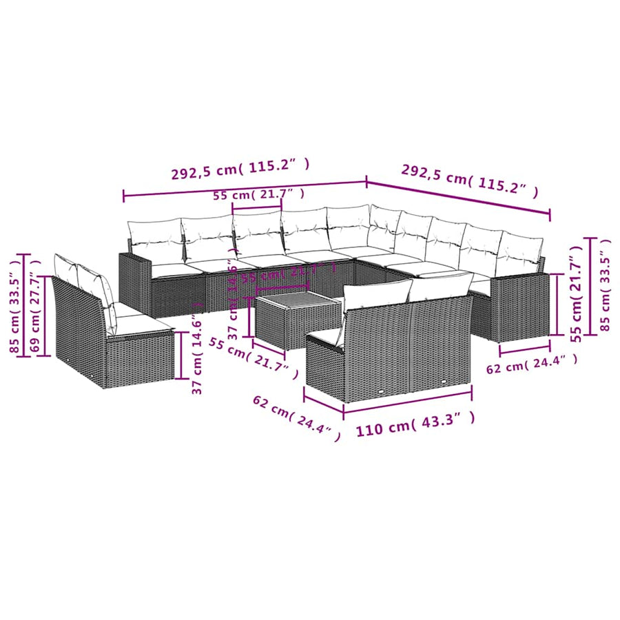 14-delige Loungeset met kussens poly rattan zwart