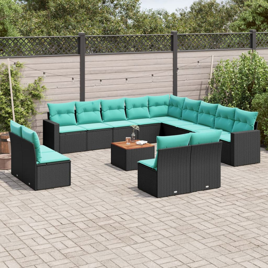 14-delige Loungeset met kussens poly rattan zwart