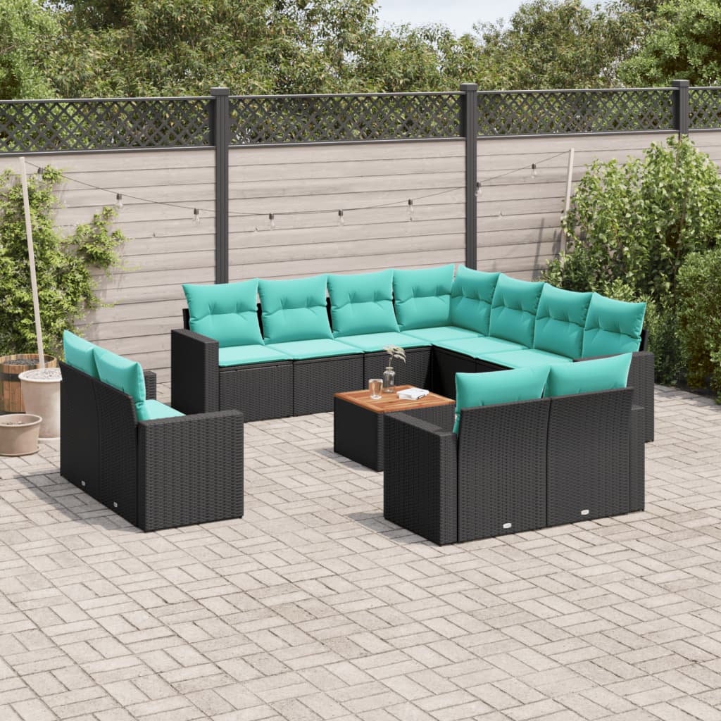 12-delige Loungeset met kussens poly rattan zwart