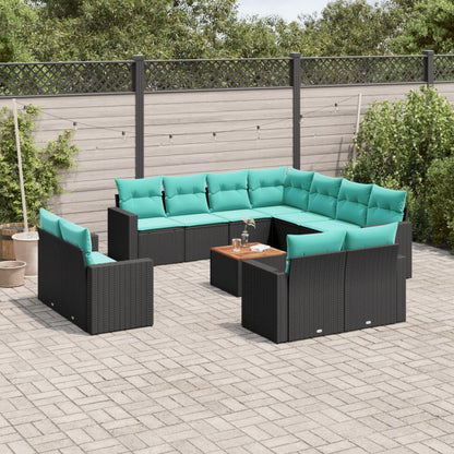 12-delige Loungeset met kussens poly rattan zwart
