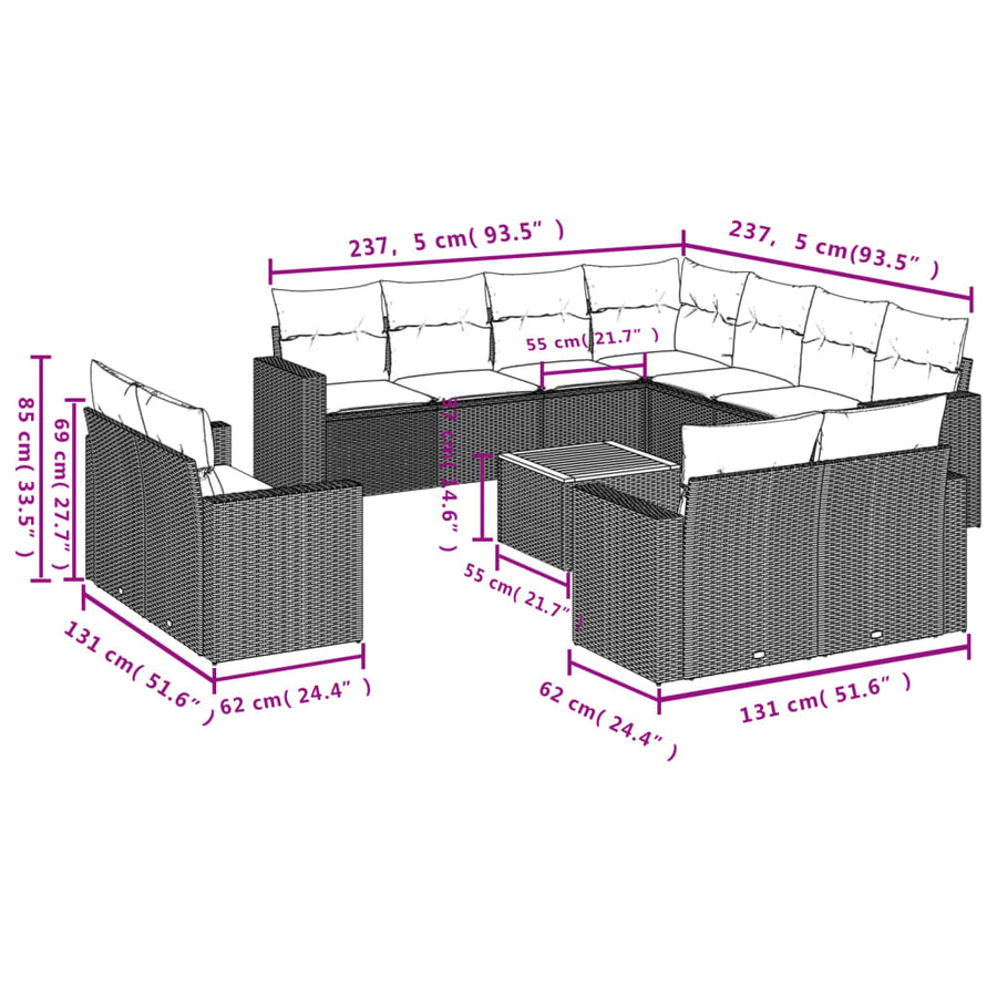 12-Delige Loungeset Met Kussens Poly Rattan Grijs