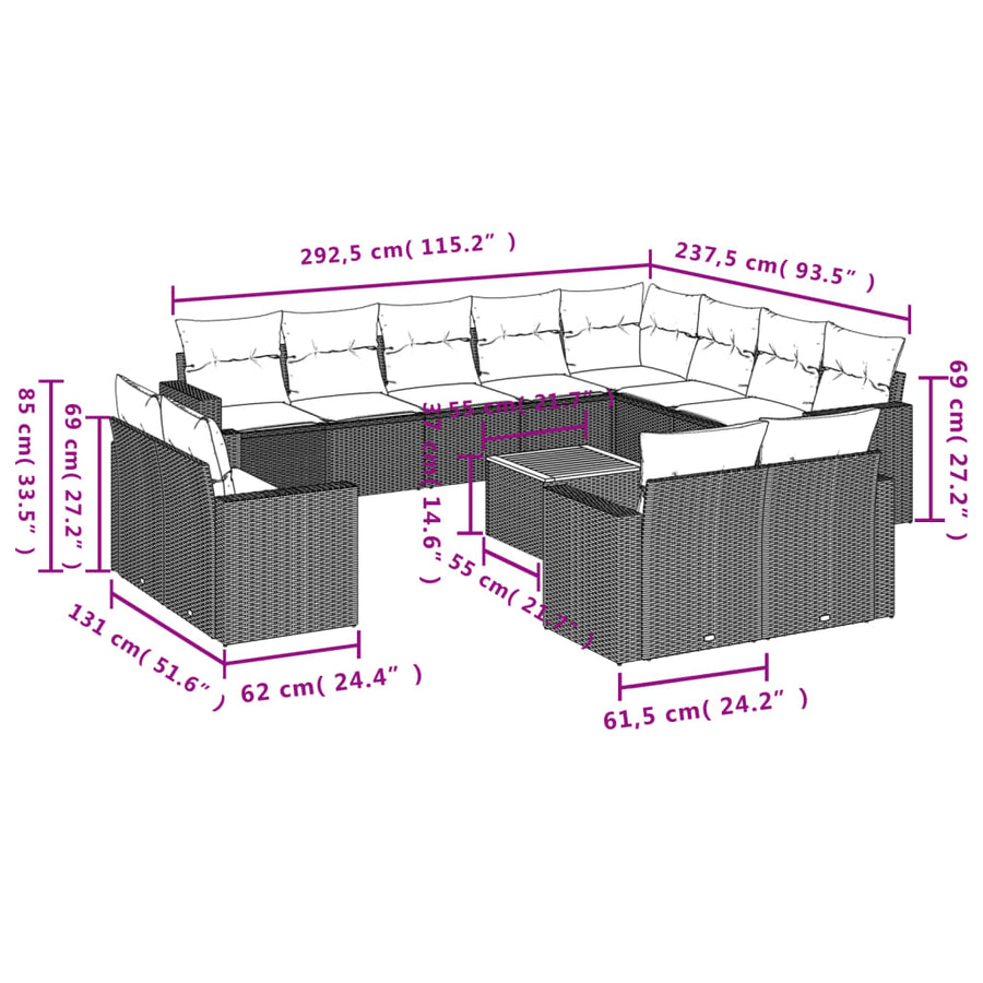 13-Delige Loungeset Met Kussens Poly Rattan Zwart