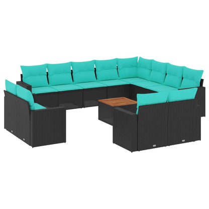 13-delige Loungeset met kussens poly rattan zwart