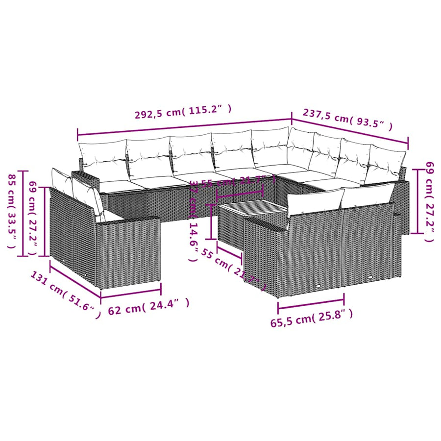 13-delige Loungeset met kussens poly rattan zwart