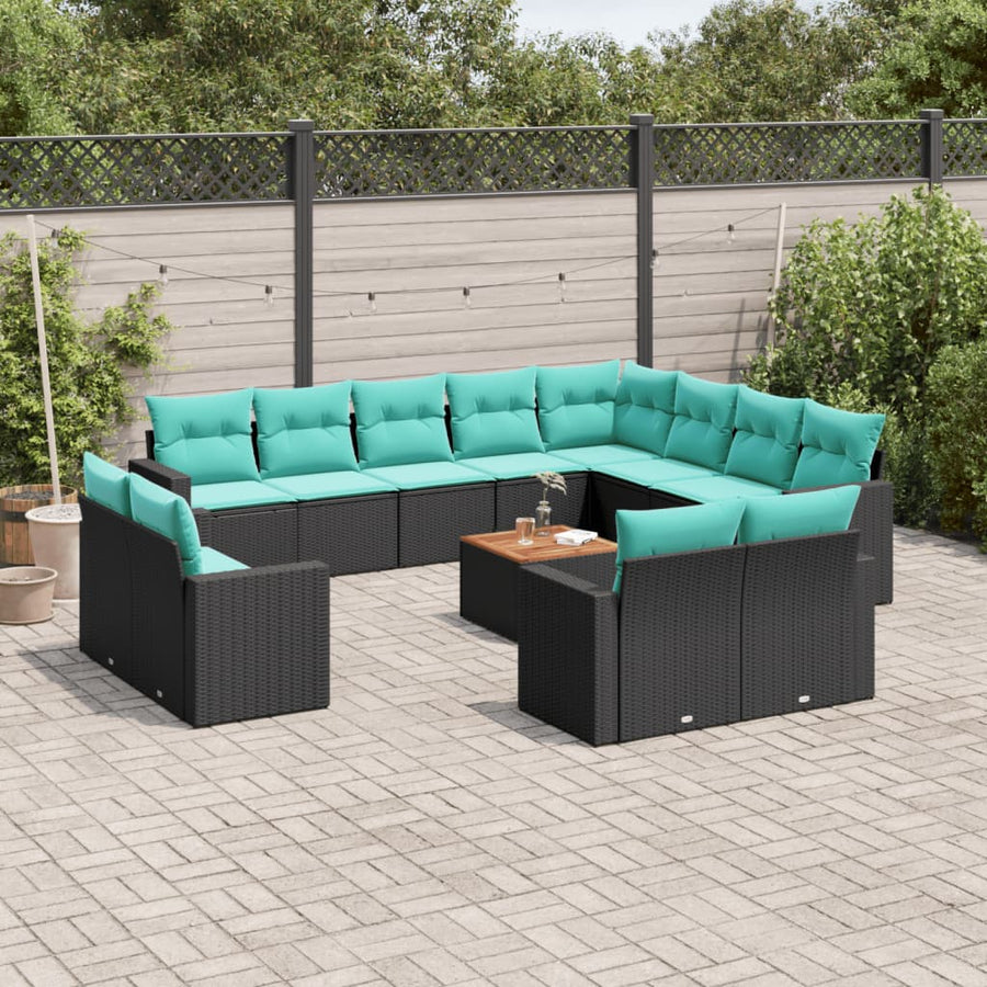 13-delige Loungeset met kussens poly rattan zwart