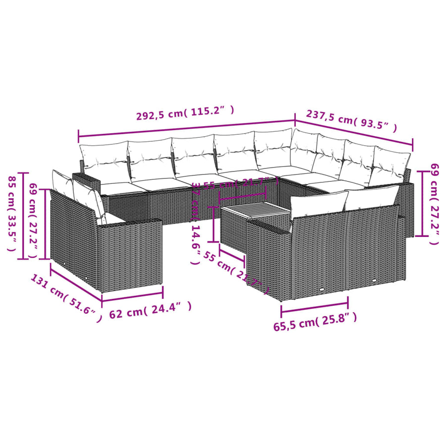 13-Delige Loungeset Met Kussens Poly Rattan Gemengd Beige