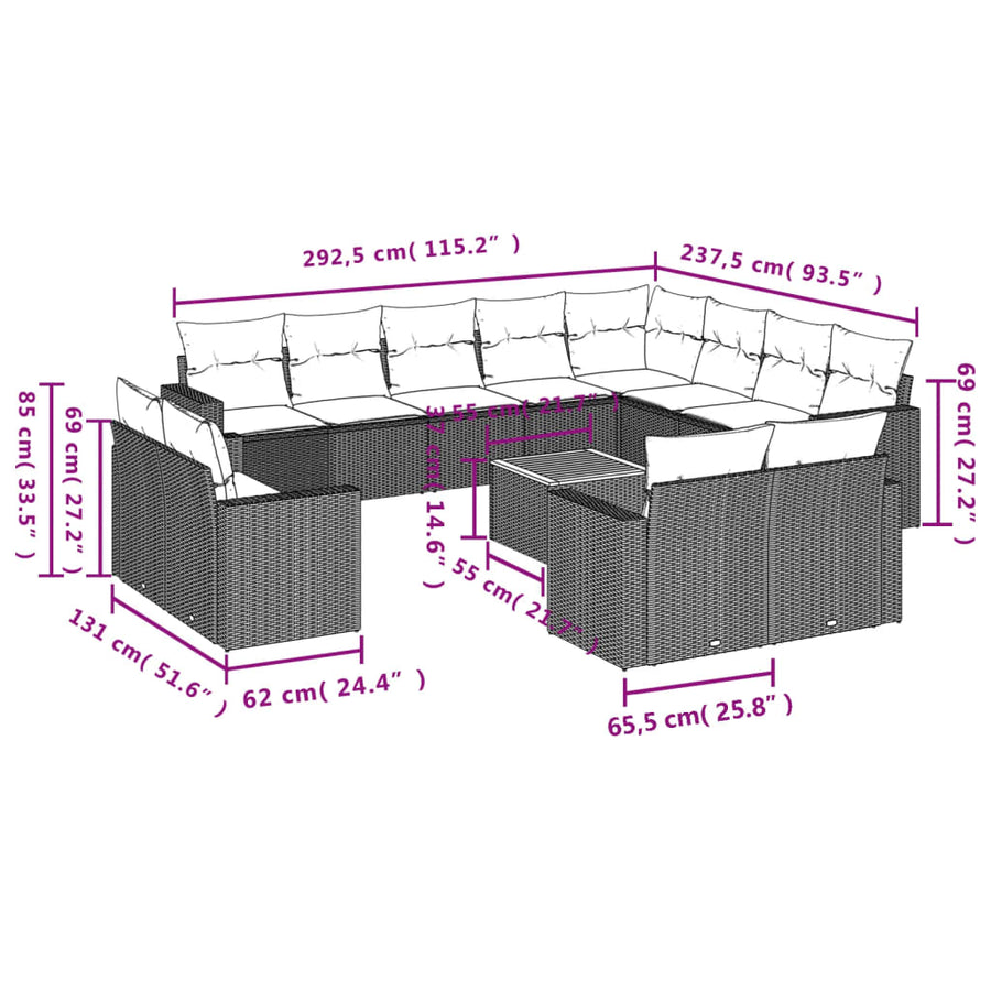 13-Delige Loungeset Met Kussens Poly Rattan Grijs