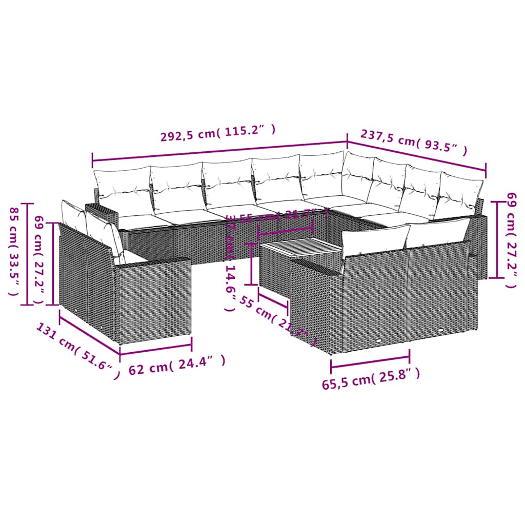 13-delige Loungeset met kussens poly rattan grijs