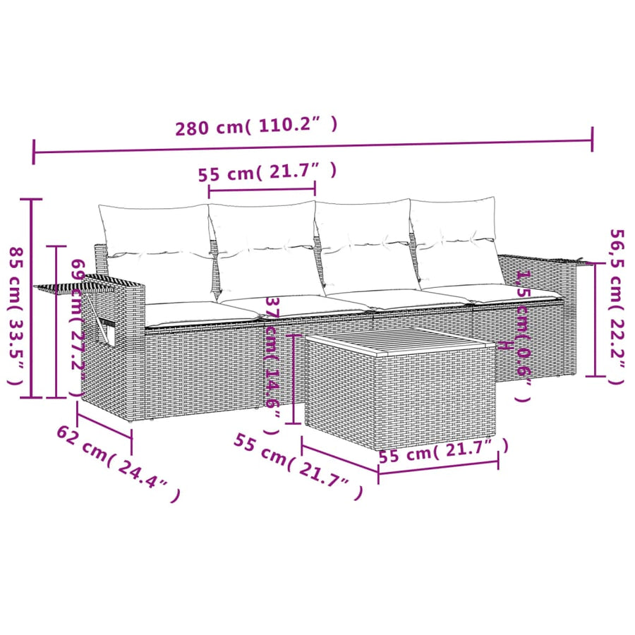 5-Delige Loungeset Met Kussens Poly Rattan Beige