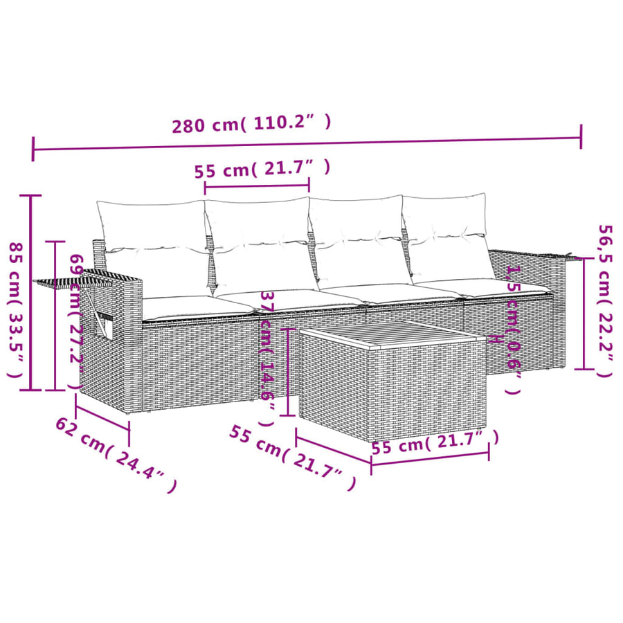 5-Delige Loungeset Met Kussens Poly Rattan Gemengd Beige