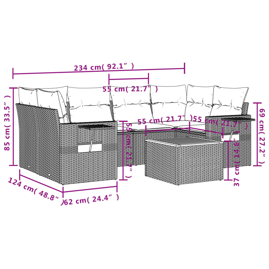 7-Delige Loungeset Met Kussens Poly Rattan Grijs