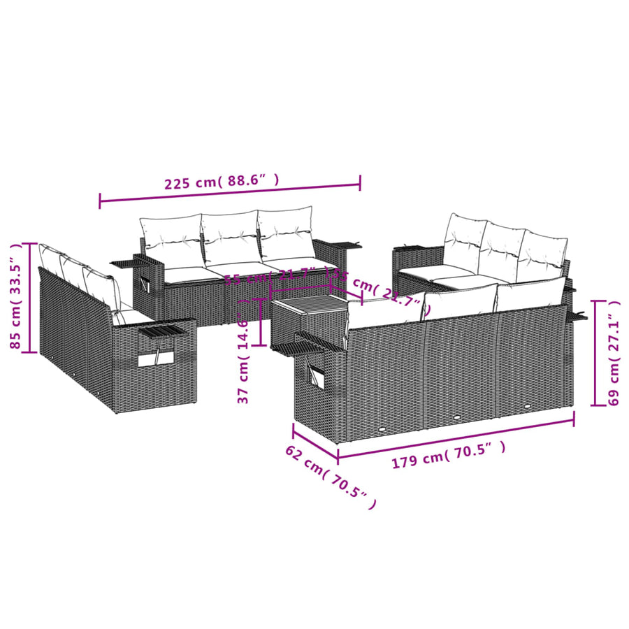 13-Delige Loungeset Met Kussens Poly Rattan Beige
