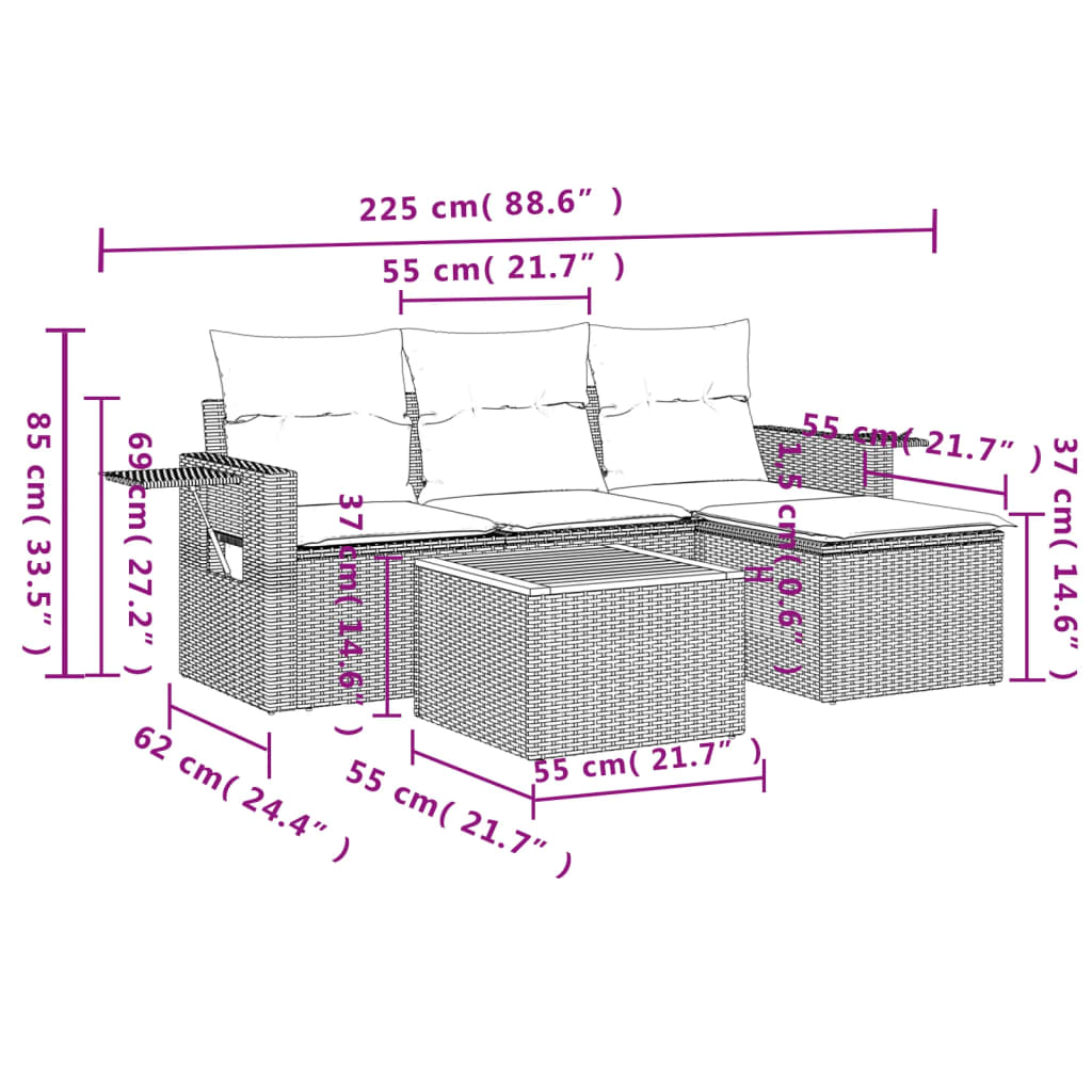 5-Delige Loungeset Met Kussens Poly Rattan Gemengd Beige