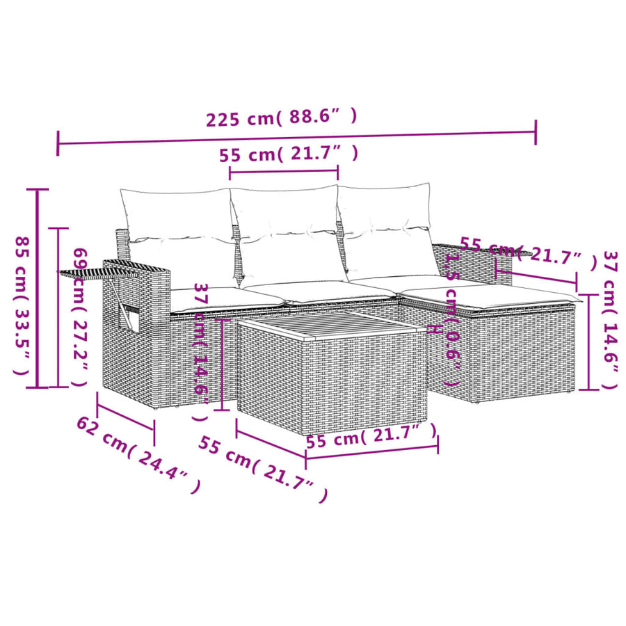 5-Delige Loungeset Met Kussens Poly Rattan Grijs