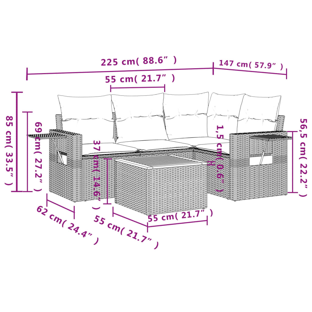 5-Delige Loungeset Met Kussens Poly Rattan Beige