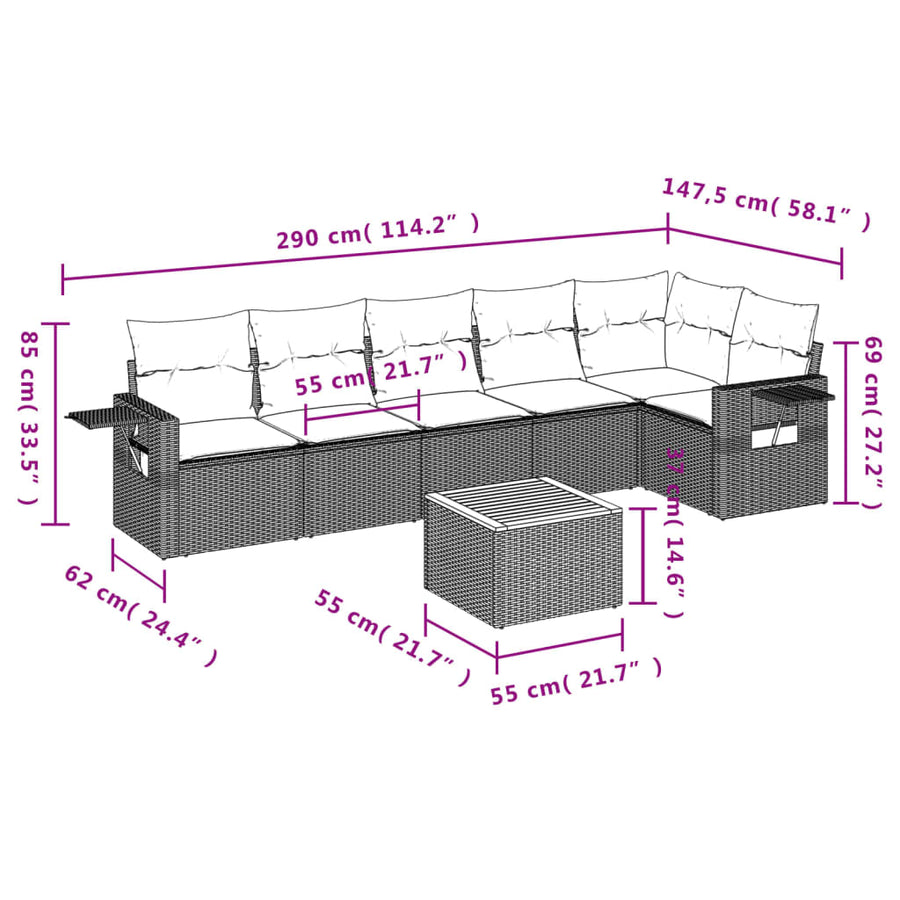 7-Delige Loungeset Met Kussens Poly Rattan Gemengd Beige