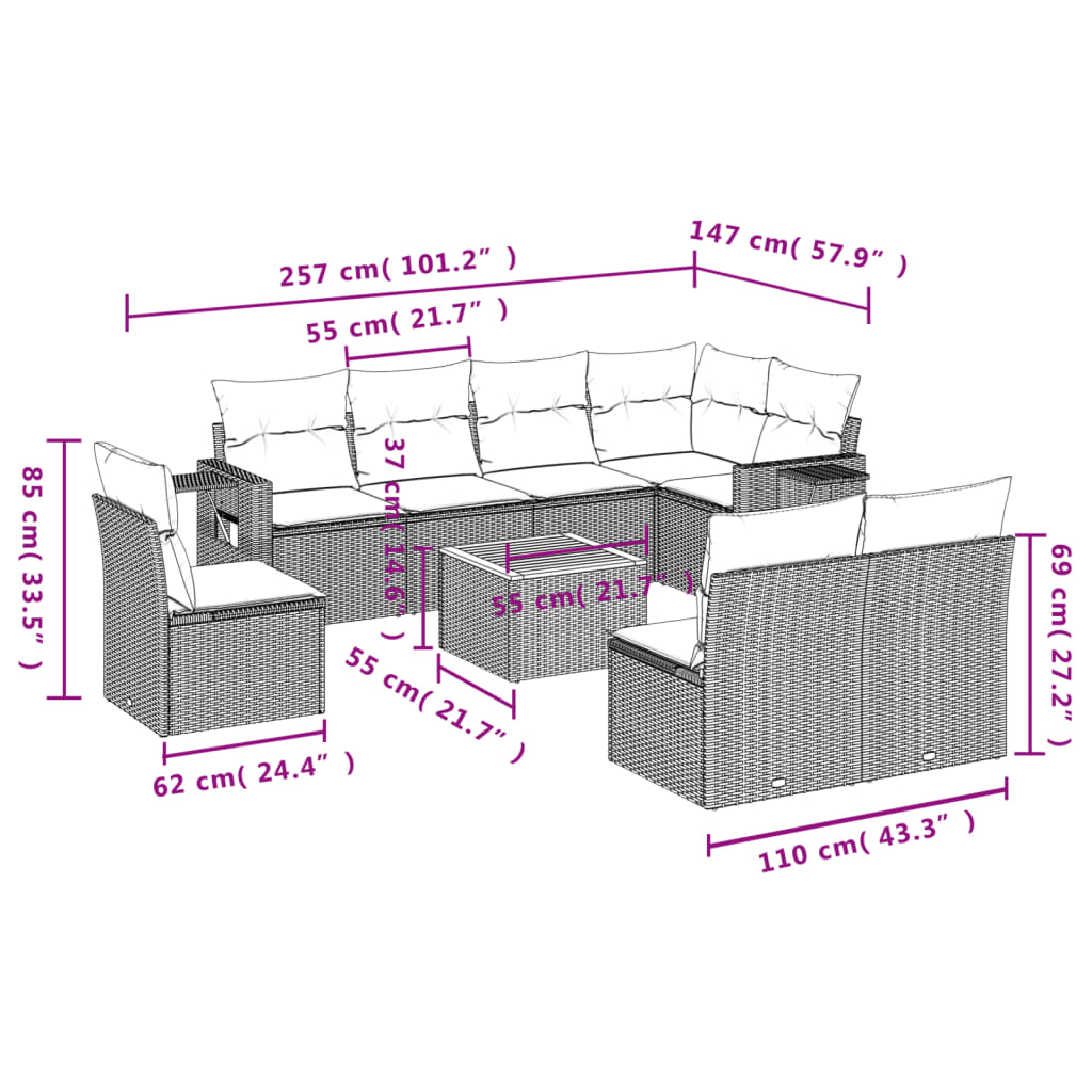 9-Delige Loungeset Met Kussens Poly Rattan Grijs