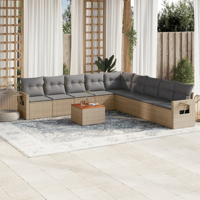 10-Delige Loungeset Met Kussens Poly Rattan Gemengd Beige