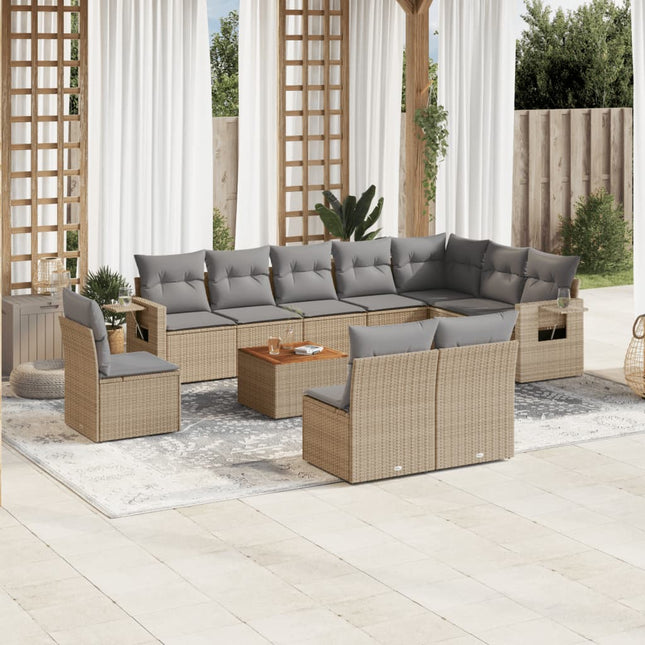 11-Delige Loungeset Met Kussens Poly Rattan Gemengd Beige