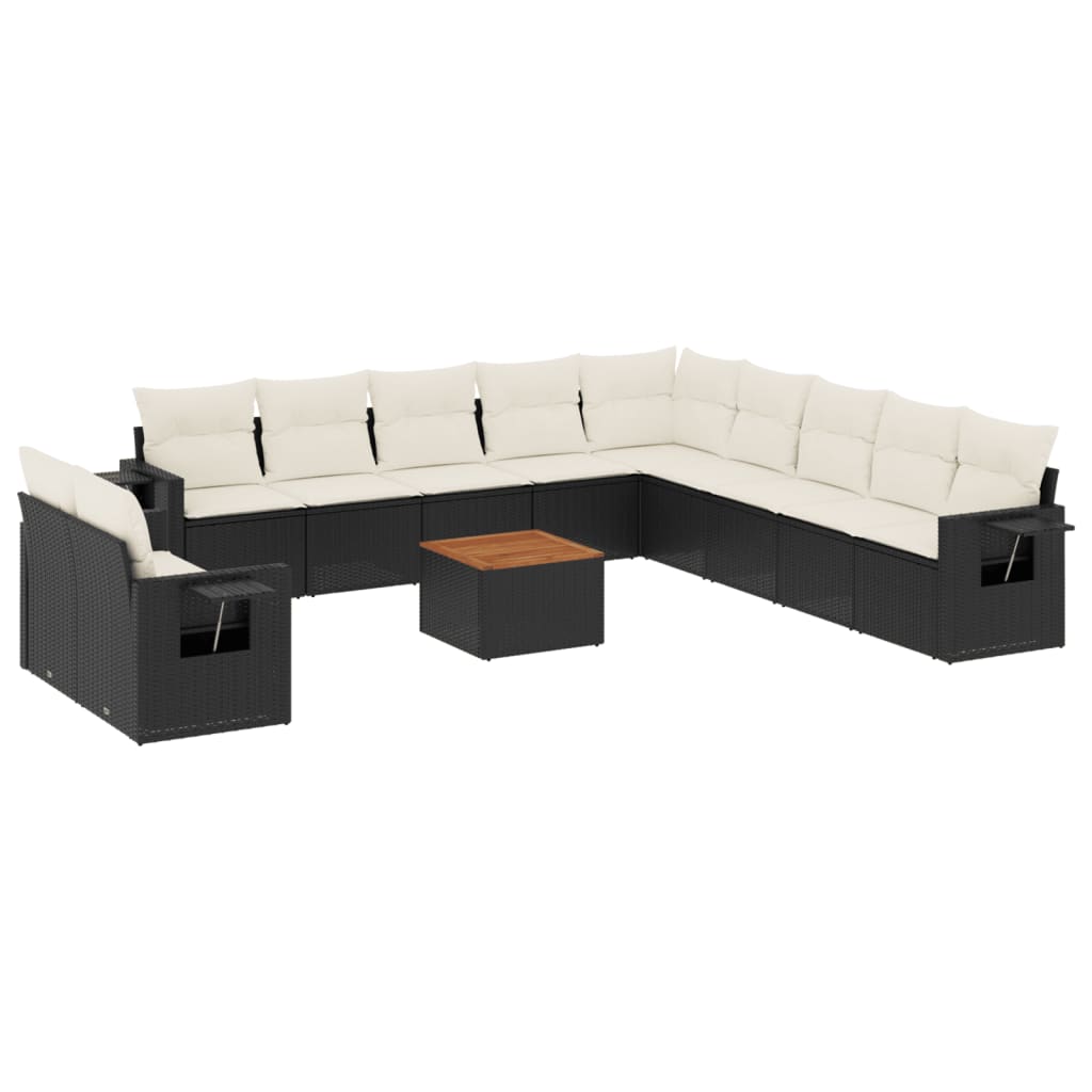 12-Delige Loungeset Met Kussens Poly Rattan Zwart Zwart En Crème