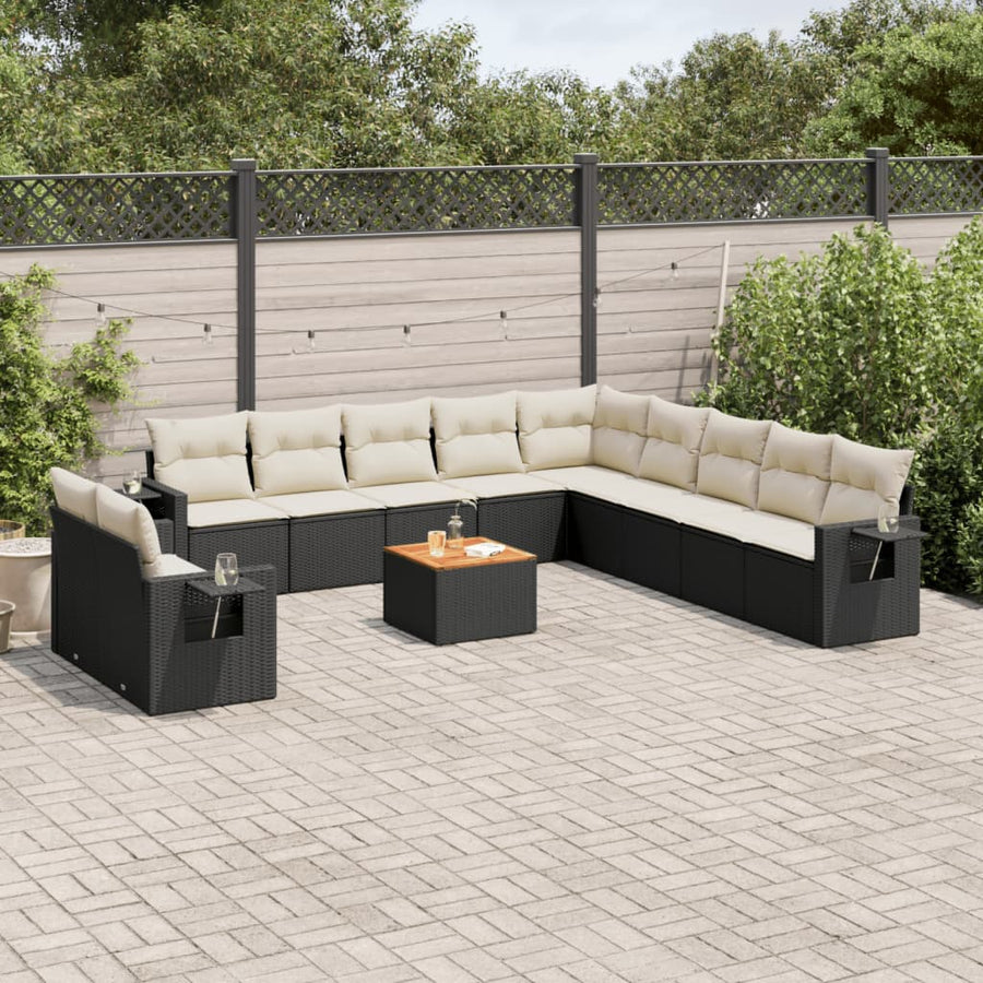 12-Delige Loungeset Met Kussens Poly Rattan Zwart Zwart En Crème