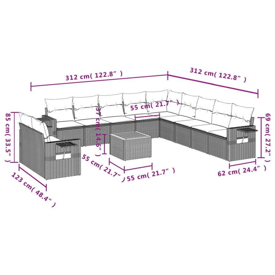 12-Delige Loungeset Met Kussens Poly Rattan Gemengd Beige