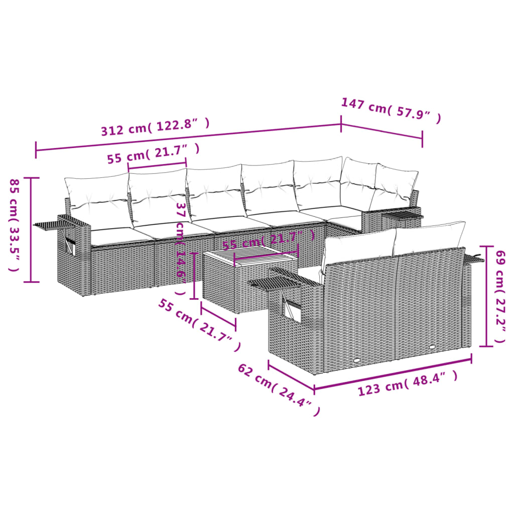 9-Delige Loungeset Met Kussens Poly Rattan Gemengd Beige