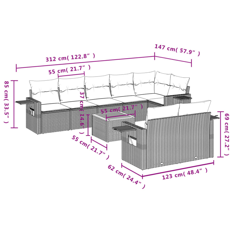 9-Delige Loungeset Met Kussens Poly Rattan Gemengd Beige