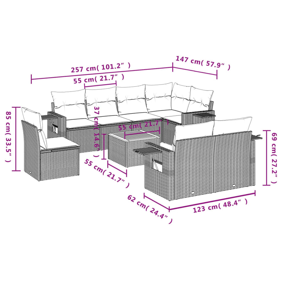 9-Delige Loungeset Met Kussens Poly Rattan Gemengd Beige