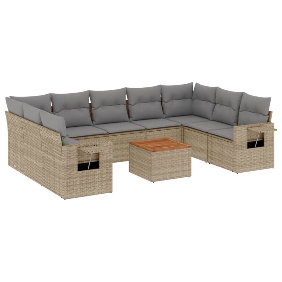10-Delige Loungeset Met Kussens Poly Rattan Gemengd Beige