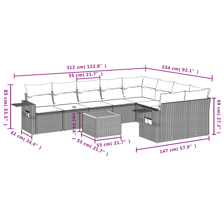 10-Delige Loungeset Met Kussens Poly Rattan Beige