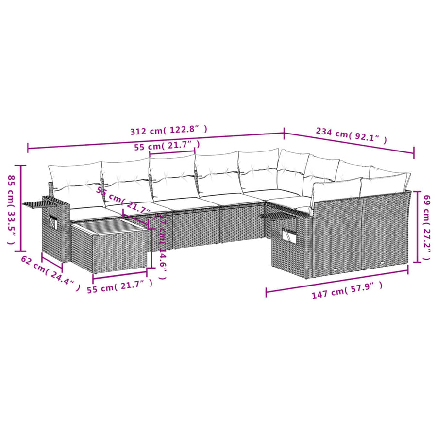 10-Delige Loungeset Met Kussens Poly Rattan Zwart