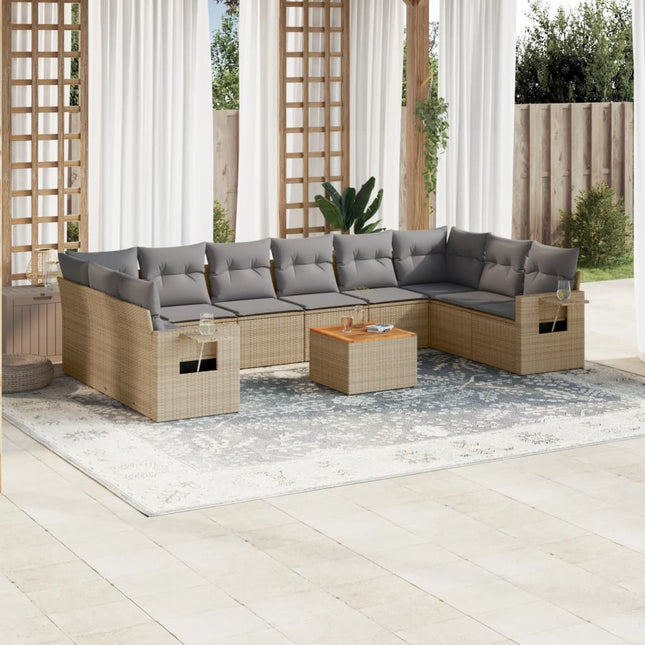 11-Delige Loungeset Met Kussens Poly Rattan Gemengd Beige