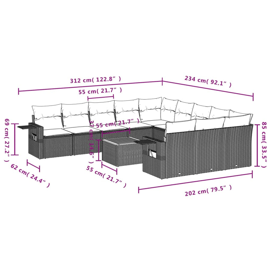 12-Delige Loungeset Met Kussens Poly Rattan Grijs