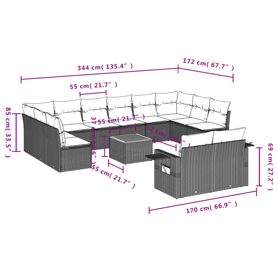 13-Delige Loungeset Met Kussens Poly Rattan Gemengd Beige