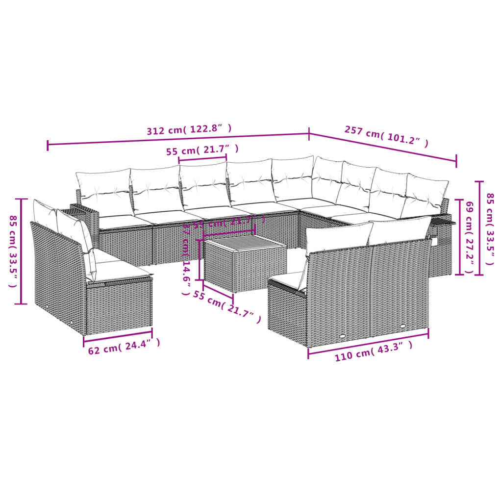 13-Delige Loungeset Met Kussens Poly Rattan Gemengd Beige