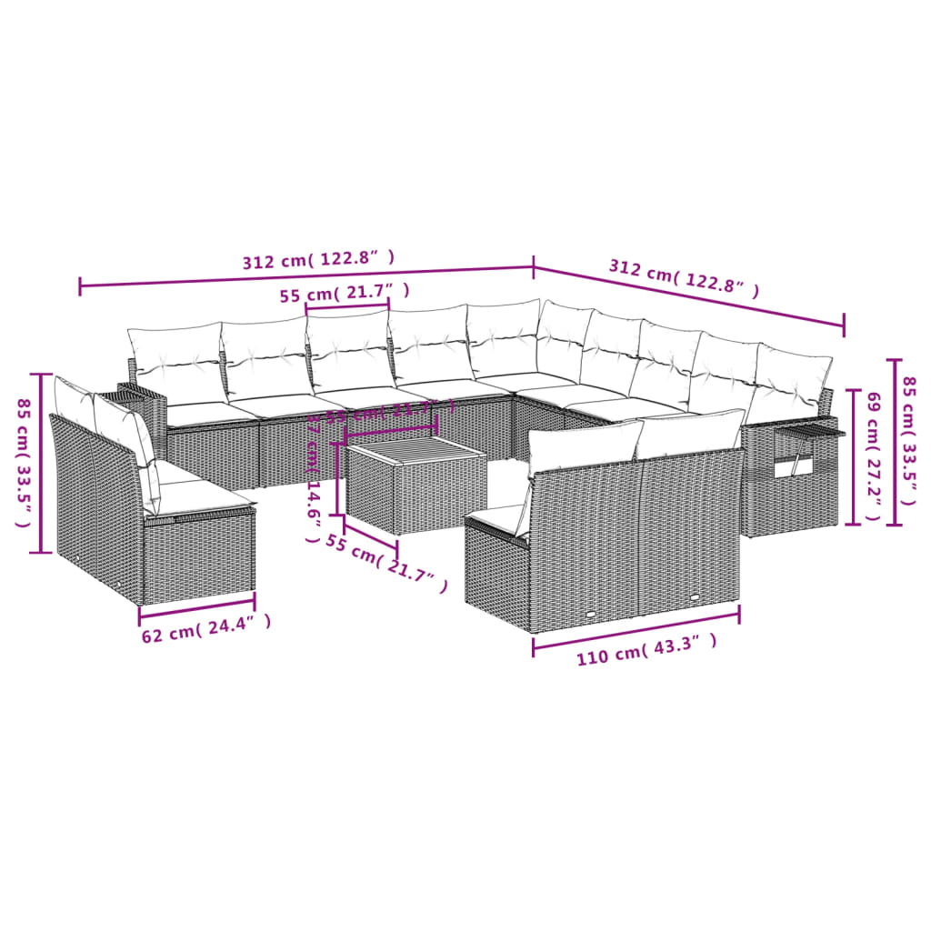 14-Delige Loungeset Met Kussens Poly Rattan Gemengd Beige