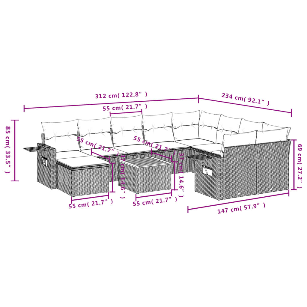 11-Delige Tuinset Met Kussens Poly Rattan Beige