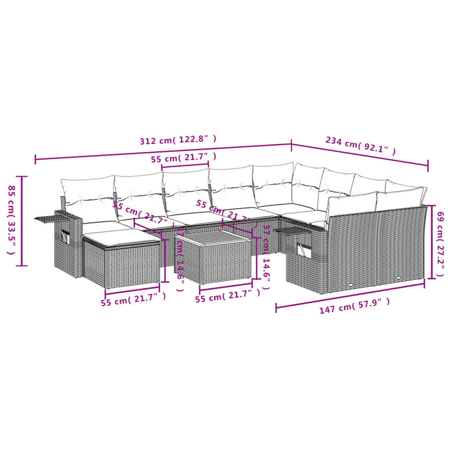 11-Delige Loungeset Met Kussens Poly Rattan Gemengd Beige