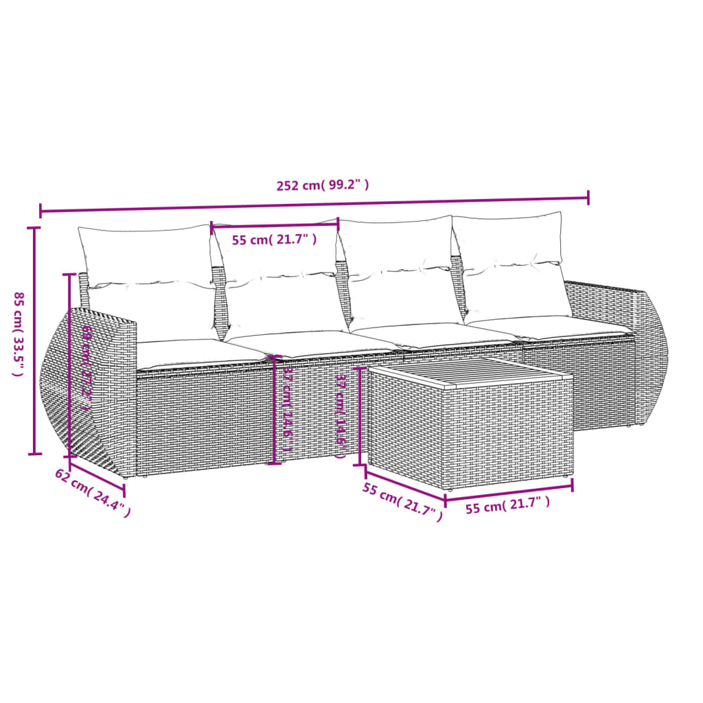 5-Delige Loungeset Met Kussens Poly Rattan Grijs