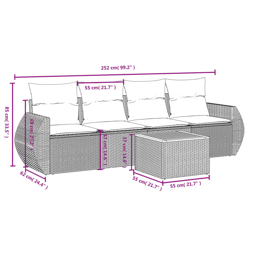 5-Delige Loungeset Met Kussens Poly Rattan Grijs