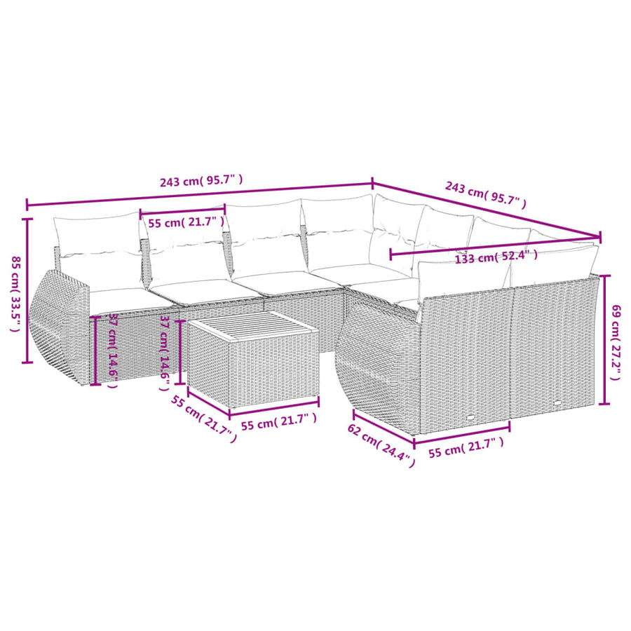 9-Delige Loungeset Met Kussens Poly Rattan Grijs