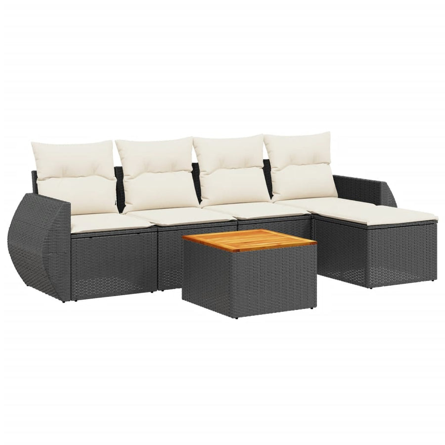 6-delige Loungeset met kussens poly rattan zwart Zwart en crème