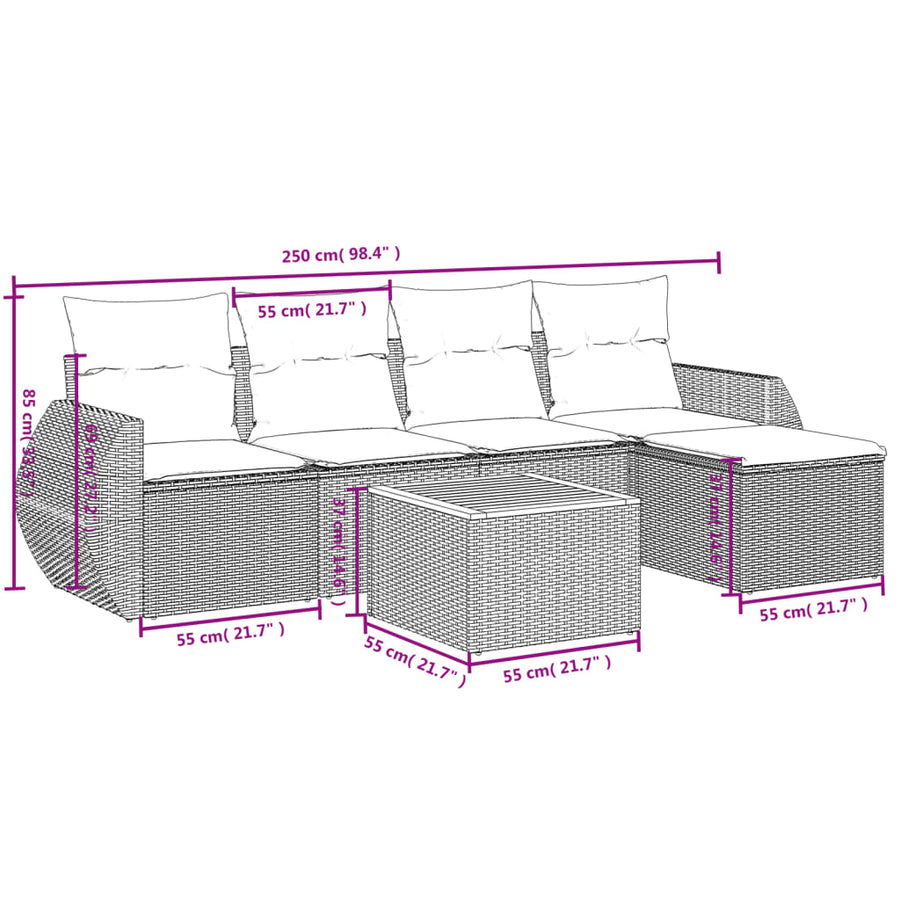 6-delige Loungeset met kussens poly rattan zwart Zwart en crème