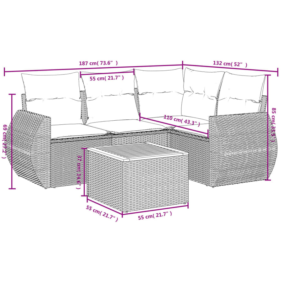 5-Delige Loungeset Met Kussens Poly Rattan Beige beige and cream