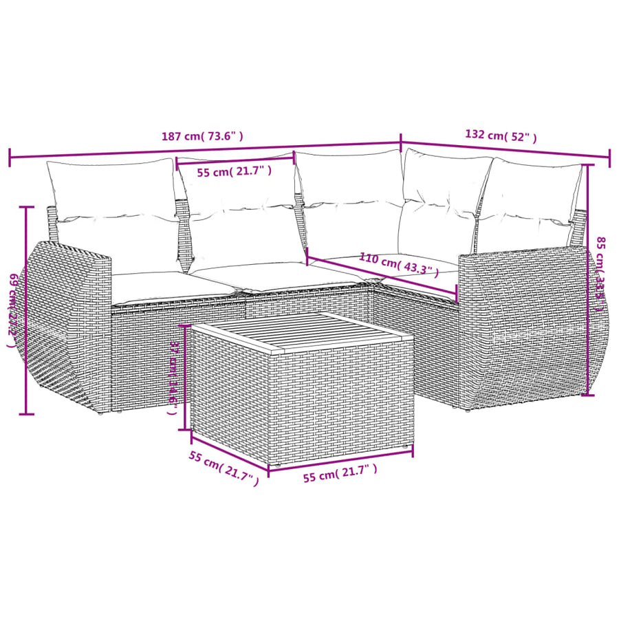 5-Delige Loungeset Met Kussens Poly Rattan Beige en grijs