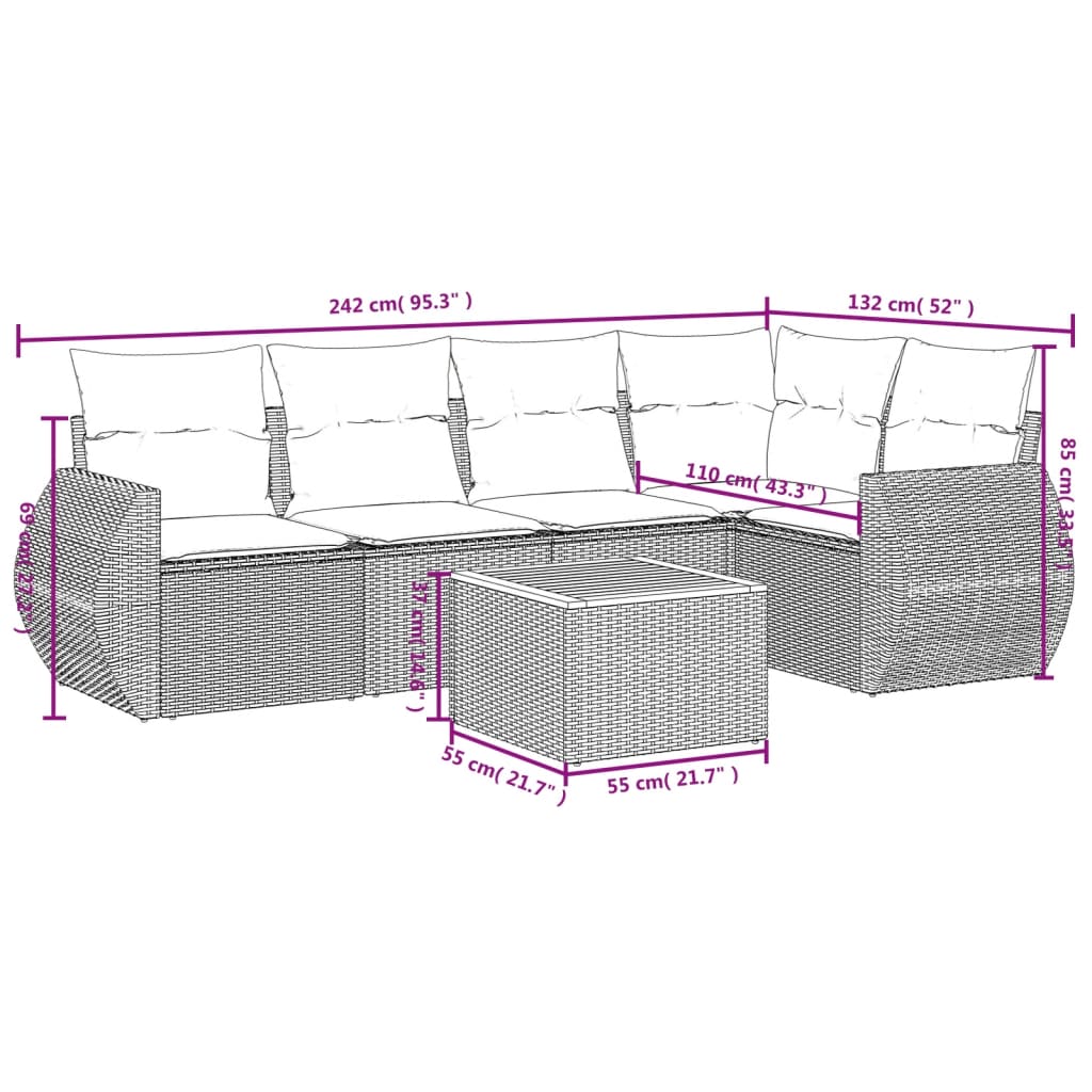 6-delige Loungeset met kussens poly rattan zwart