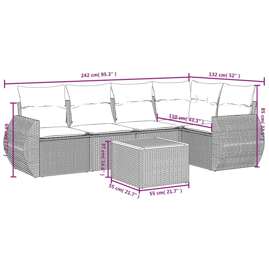 6-delige Loungeset met kussens poly rattan zwart