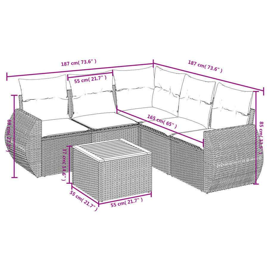 6-delige Loungeset met kussens poly rattan zwart