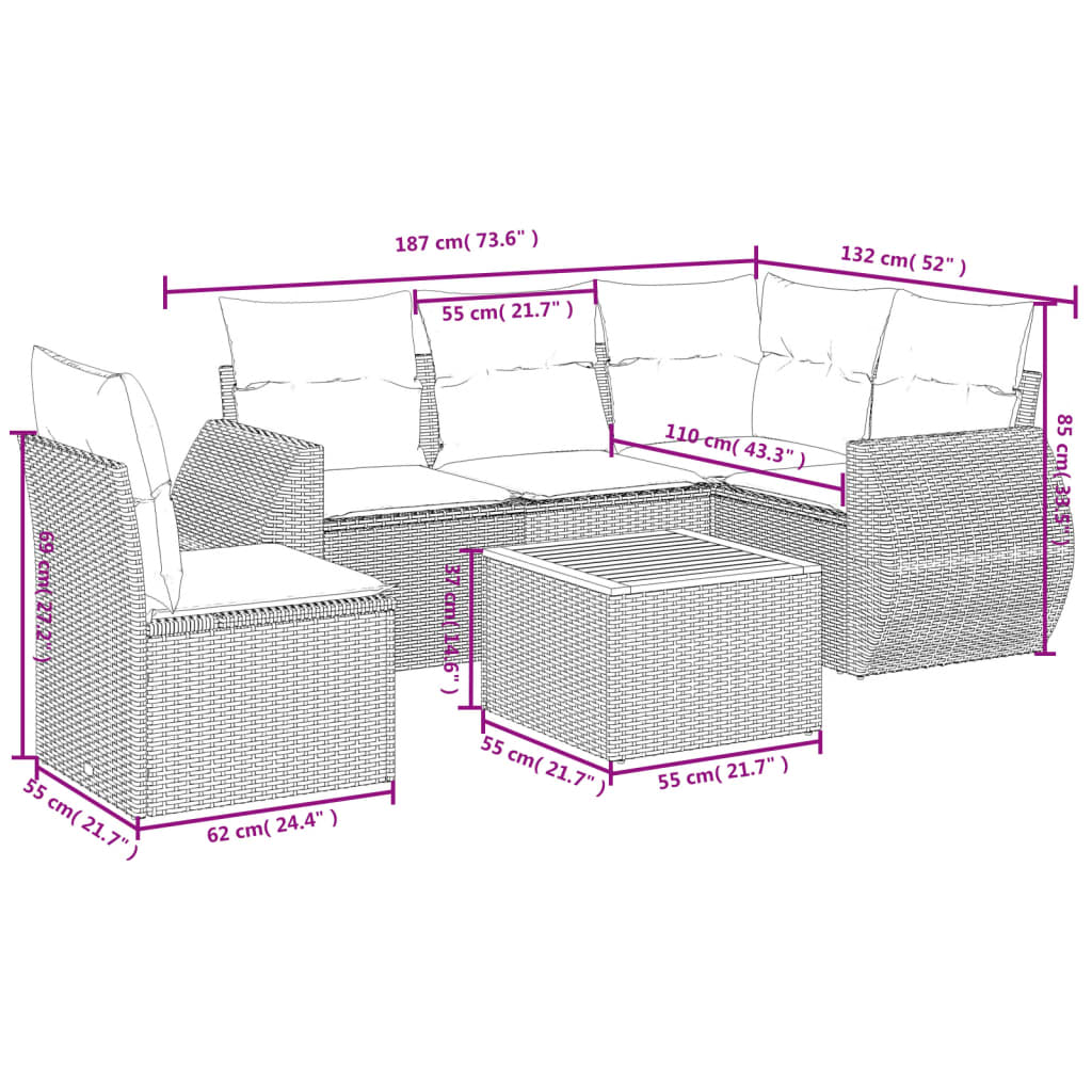 6-delige Loungeset met kussens poly rattan zwart
